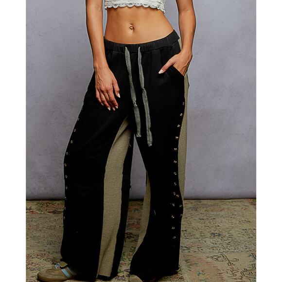 Pol Womens Terry Cloth Thermal Knit Material Jogger Wide Leg Black NEW - Picture 2 of 3